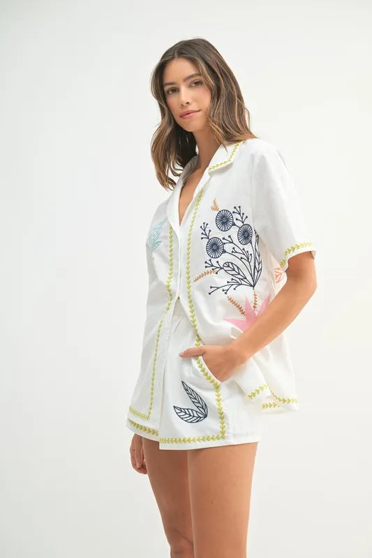 MABLE Embroidered Button Down Shirt and Shorts Set