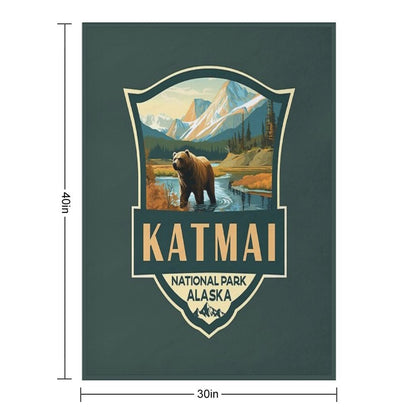 Katmai National Park Illustration Retro Badge Throw Blanket
