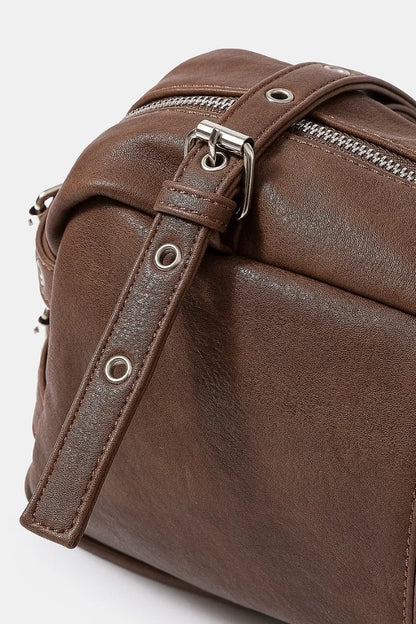Fame Multi Grommet Belt Strap Rustic Rectangular Hand Bag