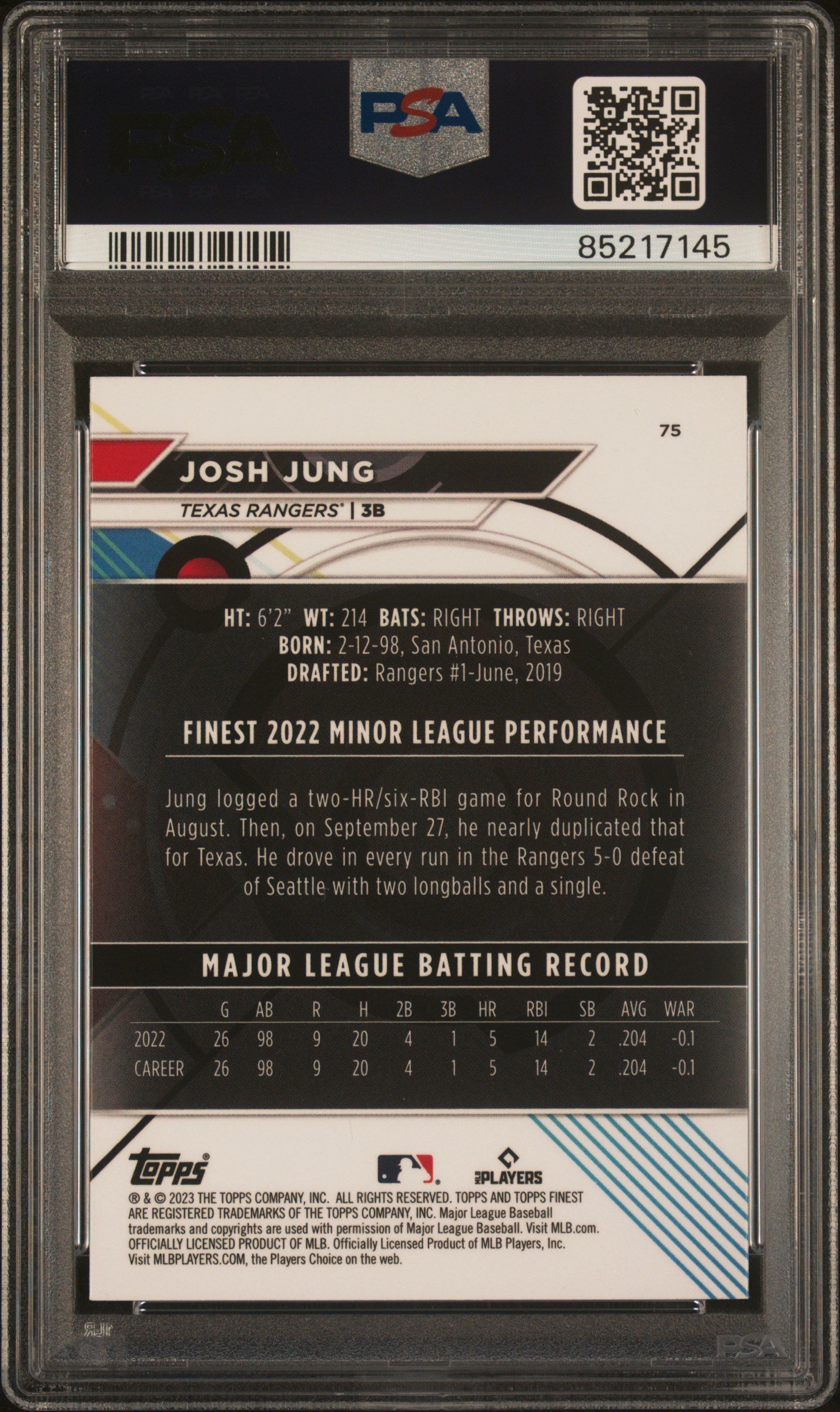 Graded 2023 Topps Finest Josh Jung #75 Rookie RC Baseball Card PSA 10 Gem Mint