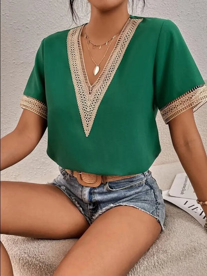 Full Size V-Neck Short Sleeve Blouse Plus Size