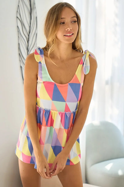 BiBi Multi Color Block Bruhsed Tied Ribbon Shoulder Top
