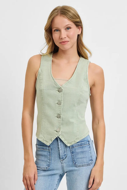 RISEN Full Size V Neck Button Down Vest Plus Size