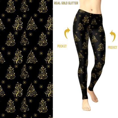 Golden Christmas Glitter Tree Leggings Holiday Trees with and Pockets