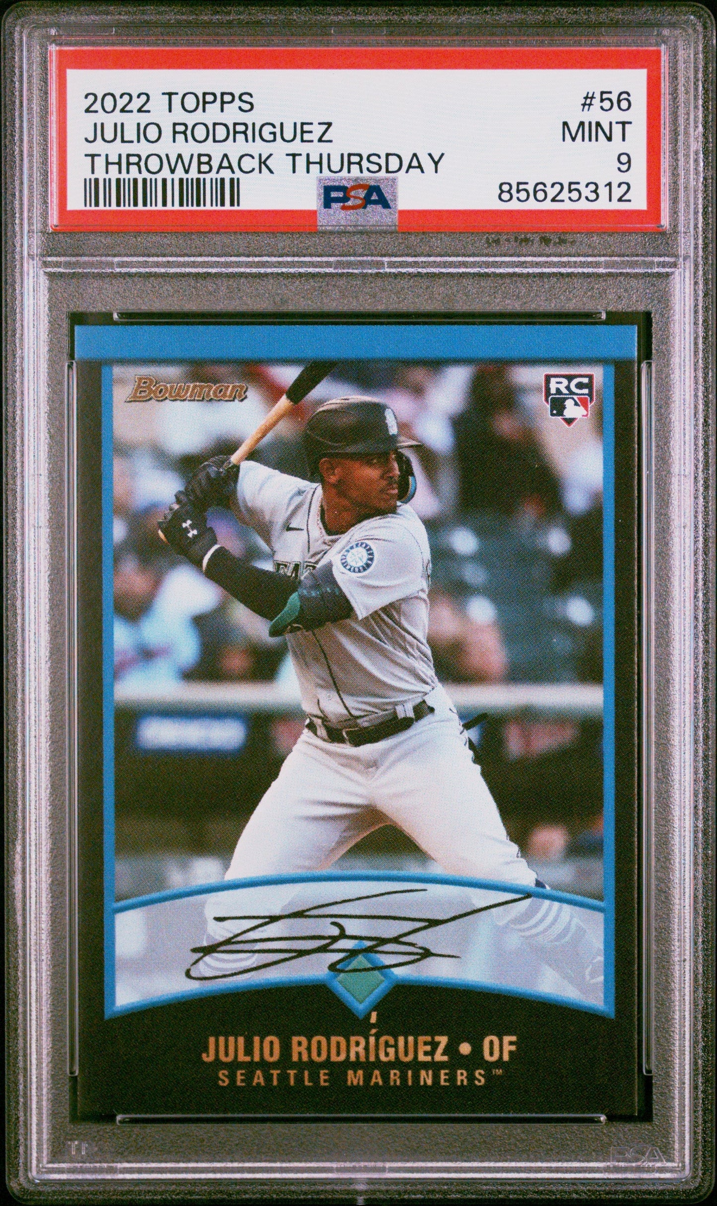 Graded 2022 Topps Julio Rodriguez #56 Throwback Thursday Rookie RC Baseball Card PSA 9 Mint