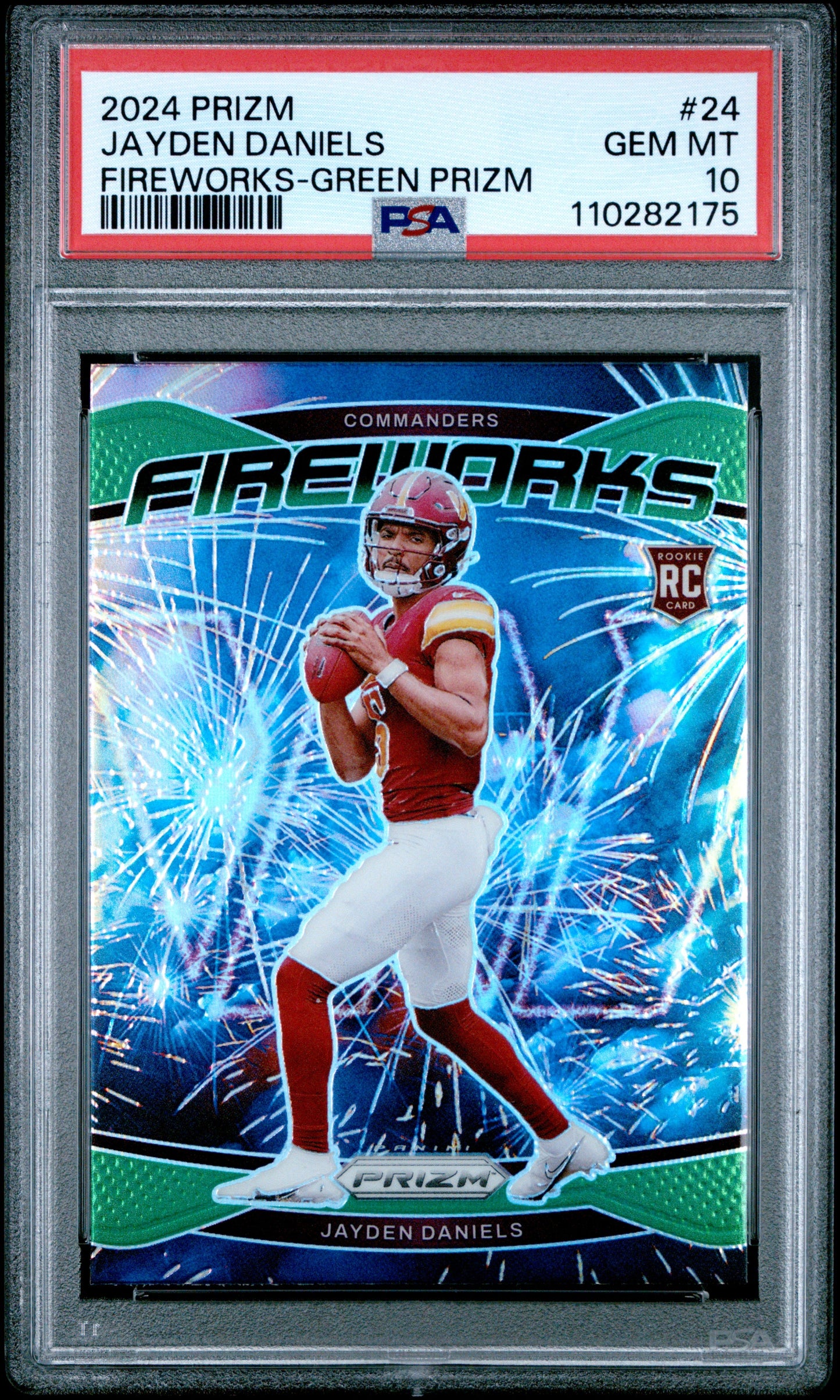 Graded 2024 Panini Prizm Jayden Daniels #24 Fireworks Green Prizm Rookie RC Football Card PSA 10 Gem Mint