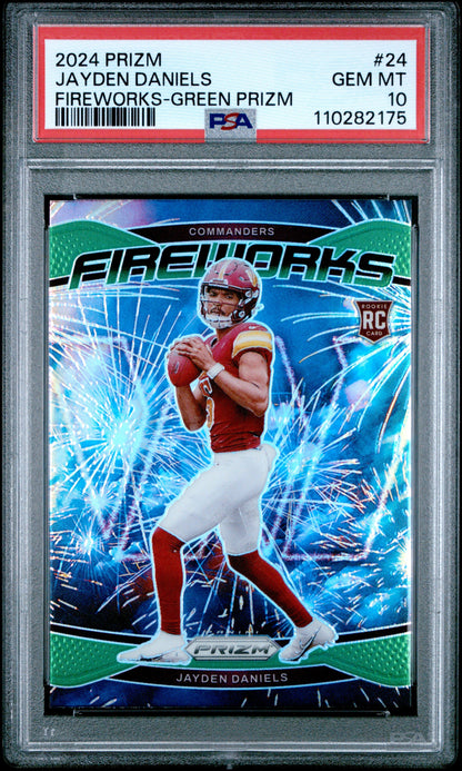 Graded 2024 Panini Prizm Jayden Daniels #24 Fireworks Green Prizm Rookie RC Football Card PSA 10 Gem Mint