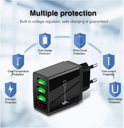 3-Port USB Quick Wall Charger with LED Voltage Display - Safe & Fast Charging