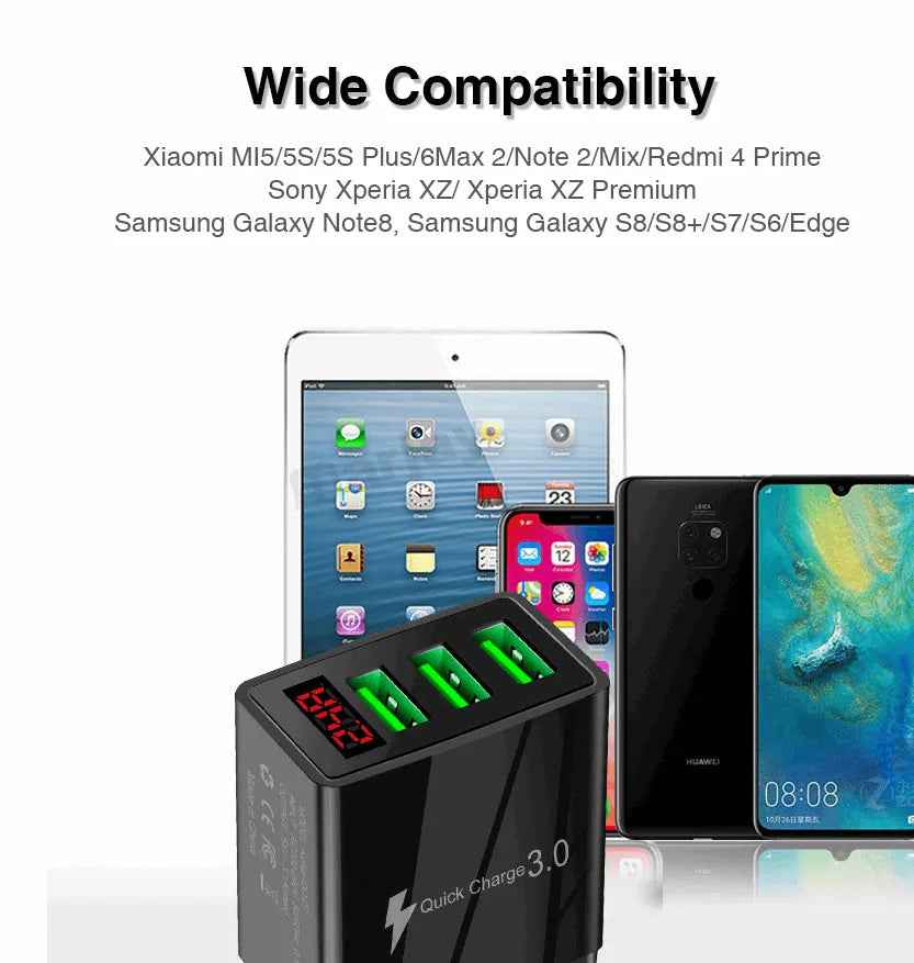 3-Port USB Quick Wall Charger with LED Voltage Display - Safe & Fast Charging