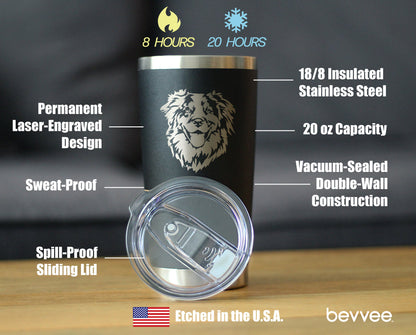 Australian Shepherd Face - Insulated Coffee Tumbler Cup with Sliding Lid - Stainless Steel Travel Mug - Unique Dog Gifts for Aussie Lovers