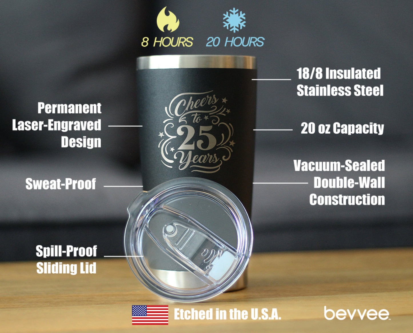 Cheers to 25 Years - Insulated Coffee Tumbler Cup with Sliding Lid - Stainless Steel Insulated Mug - 25th Anniversary Gifts and Party Decor