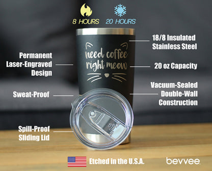 Need Coffee Right Meow - Insulated Coffee Tumbler Cup with Sliding Lid - Stainless Steel Insulated Mug - Cat Themed Coffee Gifts