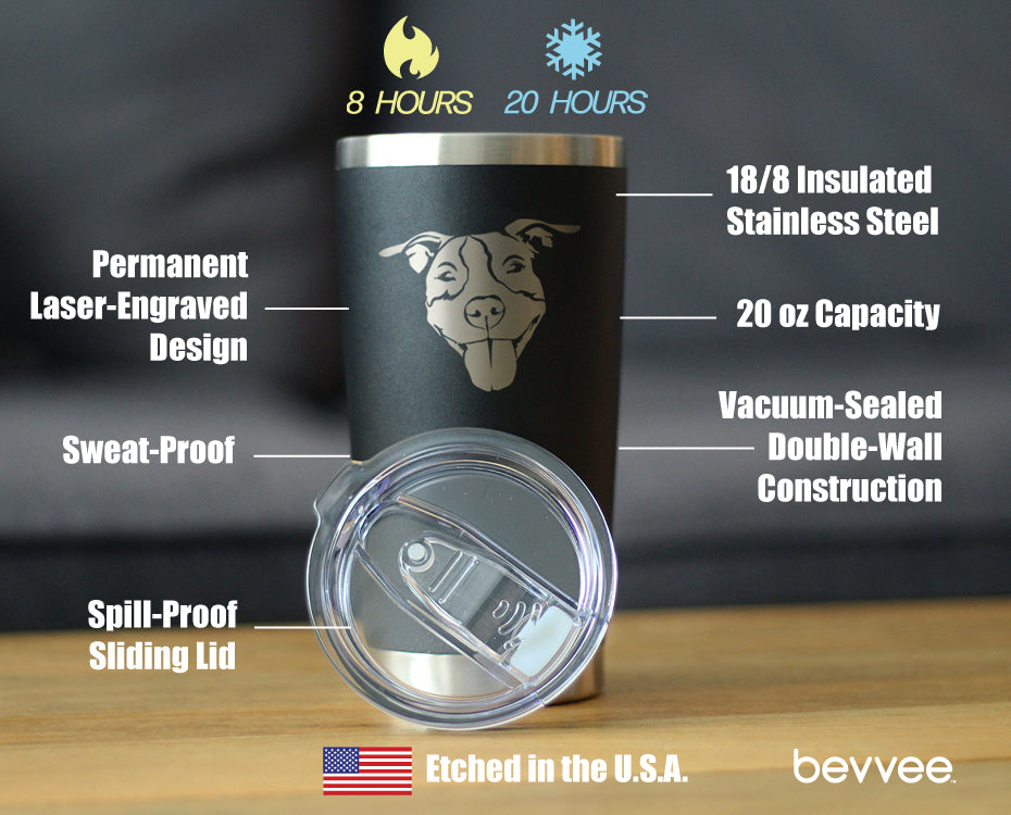 Happy Pitbull - Insulated Coffee Tumbler Cup with Sliding Lid - Stainless Steel Insulated Mug - Cute Pitbull Themed Dog Gifts and Party Decor for Women and Men