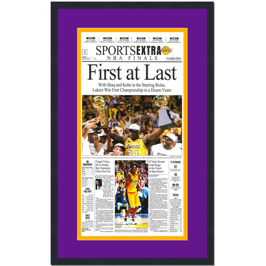 Framed Los Angeles LA Times Lakers First At Last 2000 NBA Finals Champions 14x22 Basketball Newspaper Cover Photo Professionally Matted