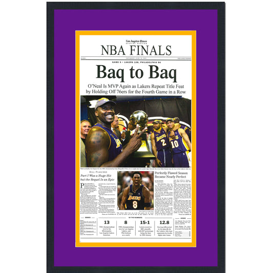 Framed Los Angeles LA Times Lakers Baq To Baq 2001 NBA Finals Champions 14x22 Basketball Newspaper Cover Photo Professionally Matted