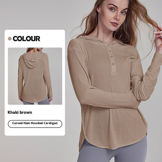 Hooded Long Sleeve Yoga Top with Curved Hem - Breathable