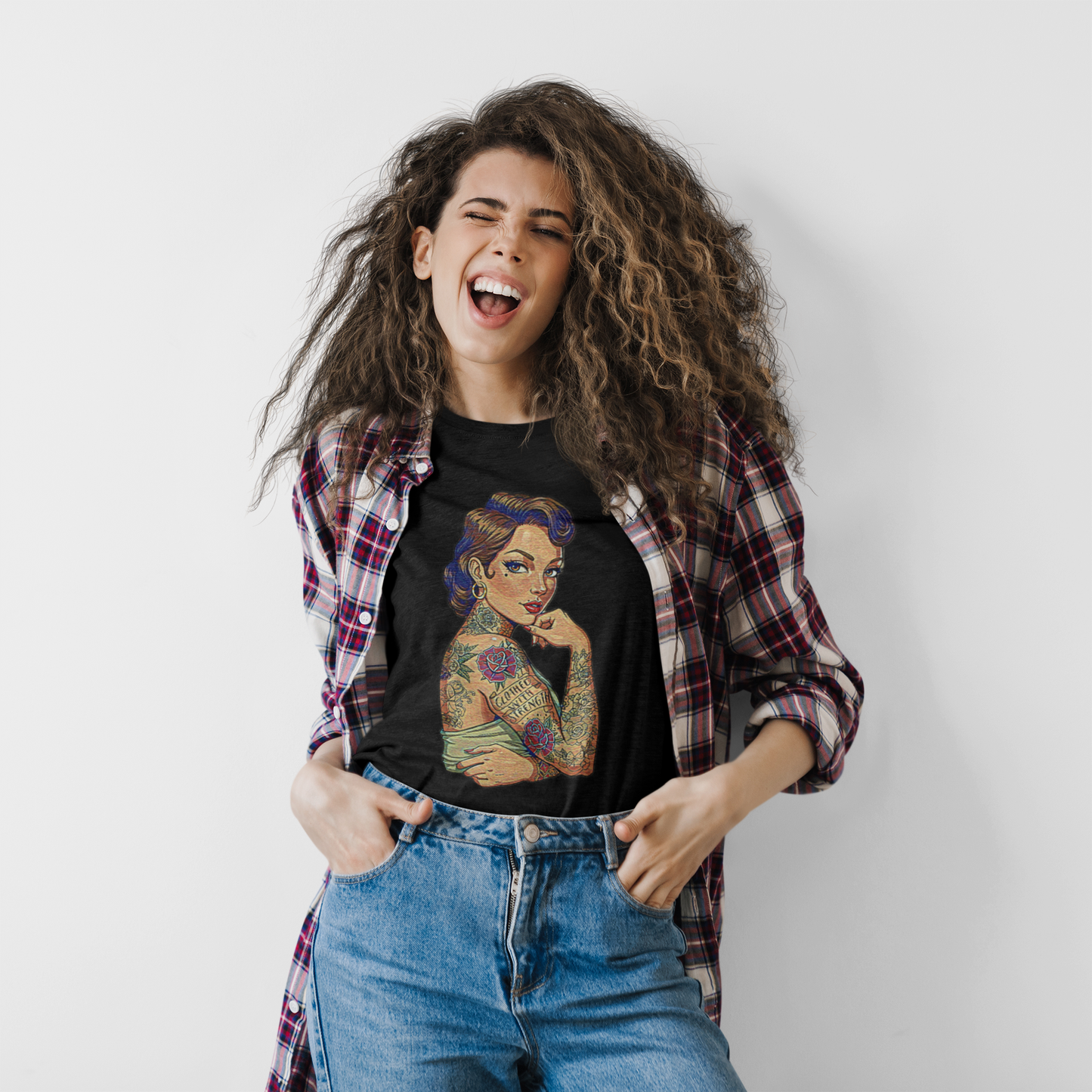 Clothed With Strength Tattooed Pin Up Vintage Graphic Tee