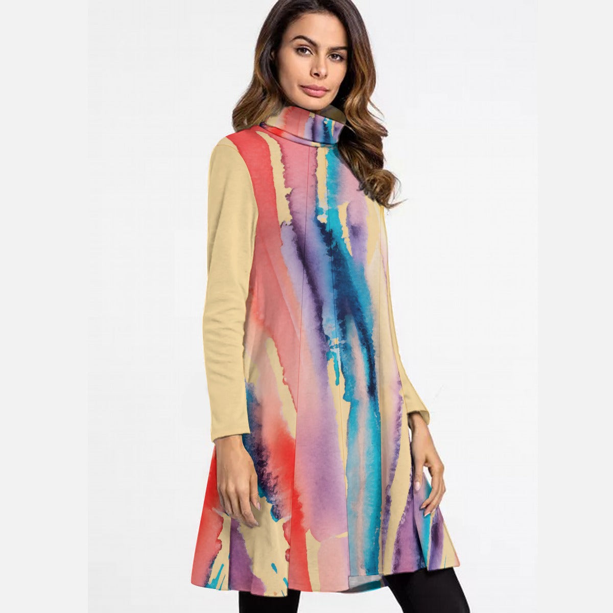 Watercolor Drip Women's High Neck Dress With Long Sleeves