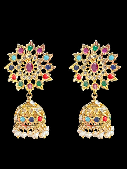 DER521 Hyderabadi gold plated Jhumka - Navratan  ( SHIPS IN 3 WEEKS )