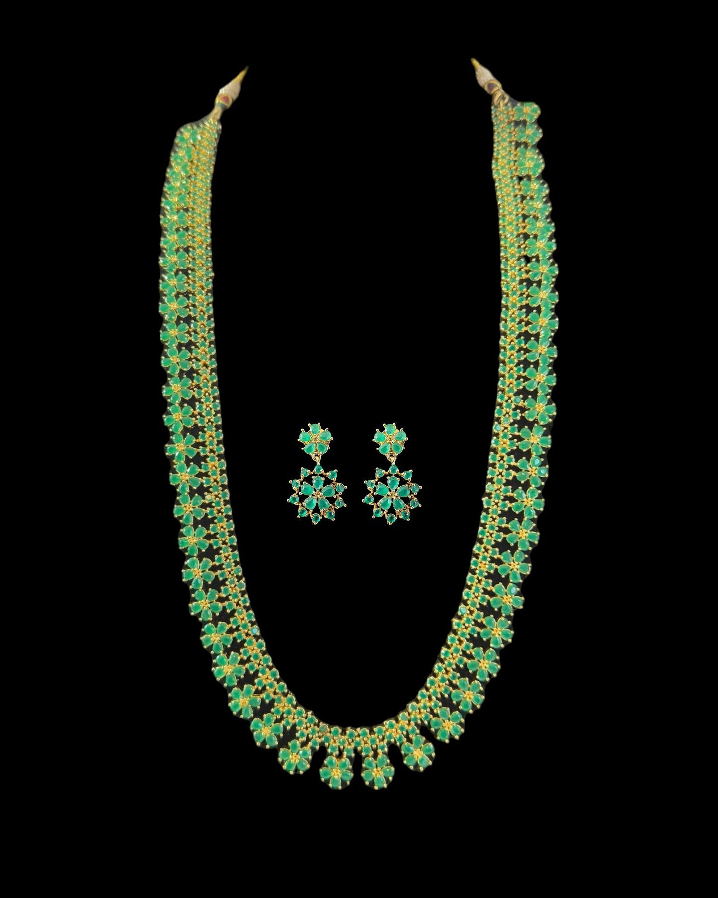 DLN115  Megha long set in cz stones - green    (READY TO SHIP)