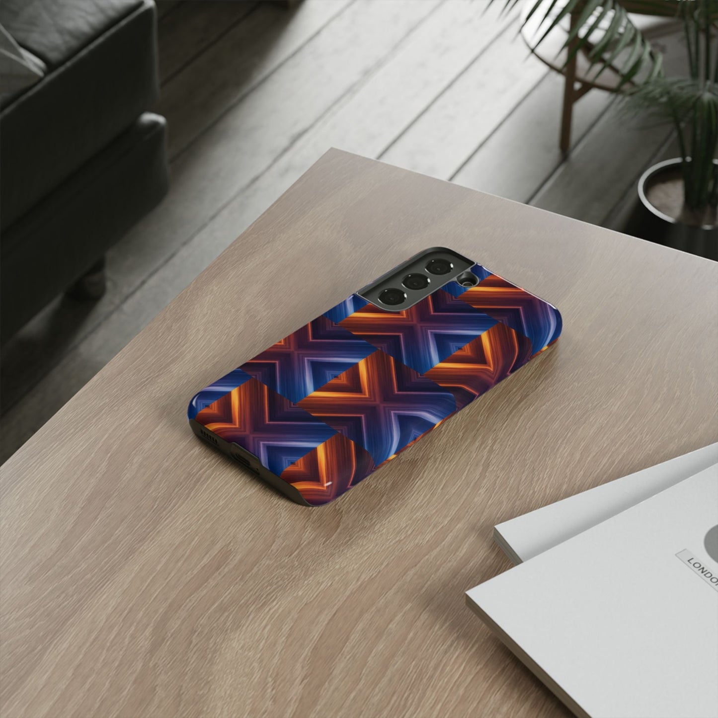 Stylish Tough Phone Case With Blue & Orange Abstract Design