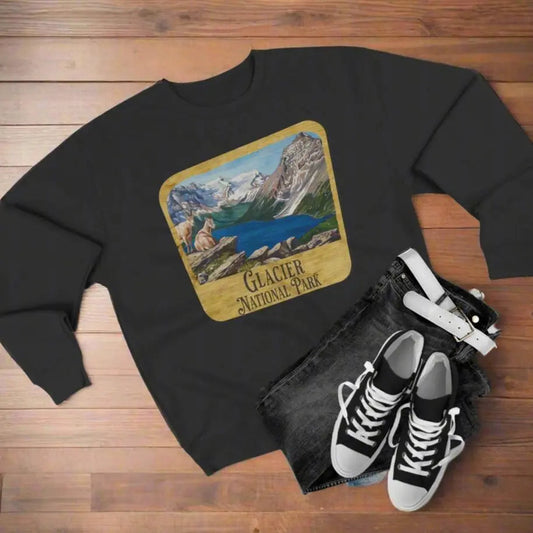 Glacier National Park Unisex Fit Crewneck Sweatshirt Wood Sign Lake View