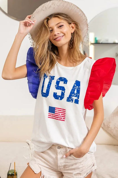 BiBi USA Theme Color Block Organza Ruffle Sleeve Top