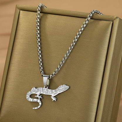 Etched Leopard Gecko Stainless Steel Pendant Necklace