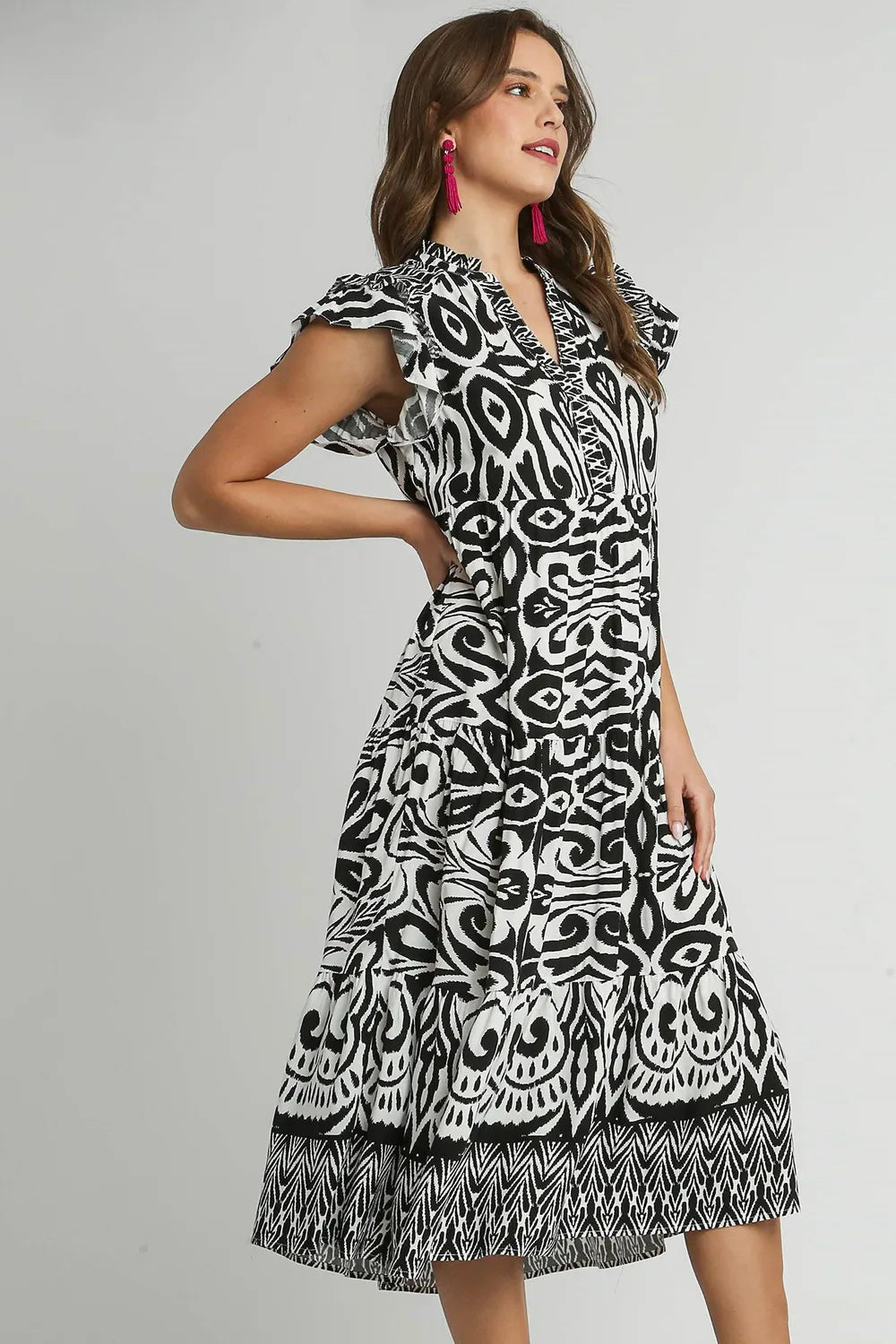 Umgee Full Size Two Tone Border Print Ruffle Cap Sleeve Midi Dress Plus Size