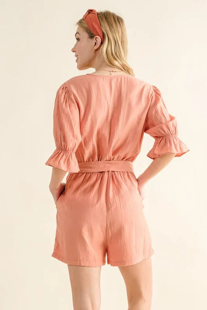 And The Why Flounce Sleeves Romper with Belt