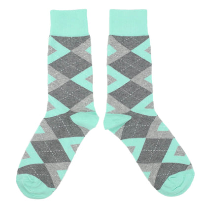Mint Gray Argyle Wedding Groomsmen Men's Dress Socks with Matching Necktie