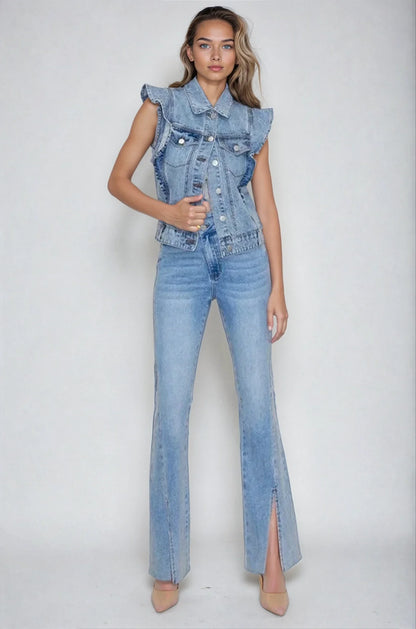 Ruffle-Shoulder Denim Vest