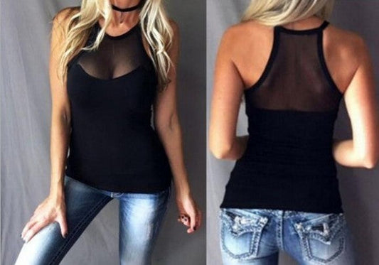 Sleeveless Sheer Mesh Panel Vest Top - Black Polyester Blend