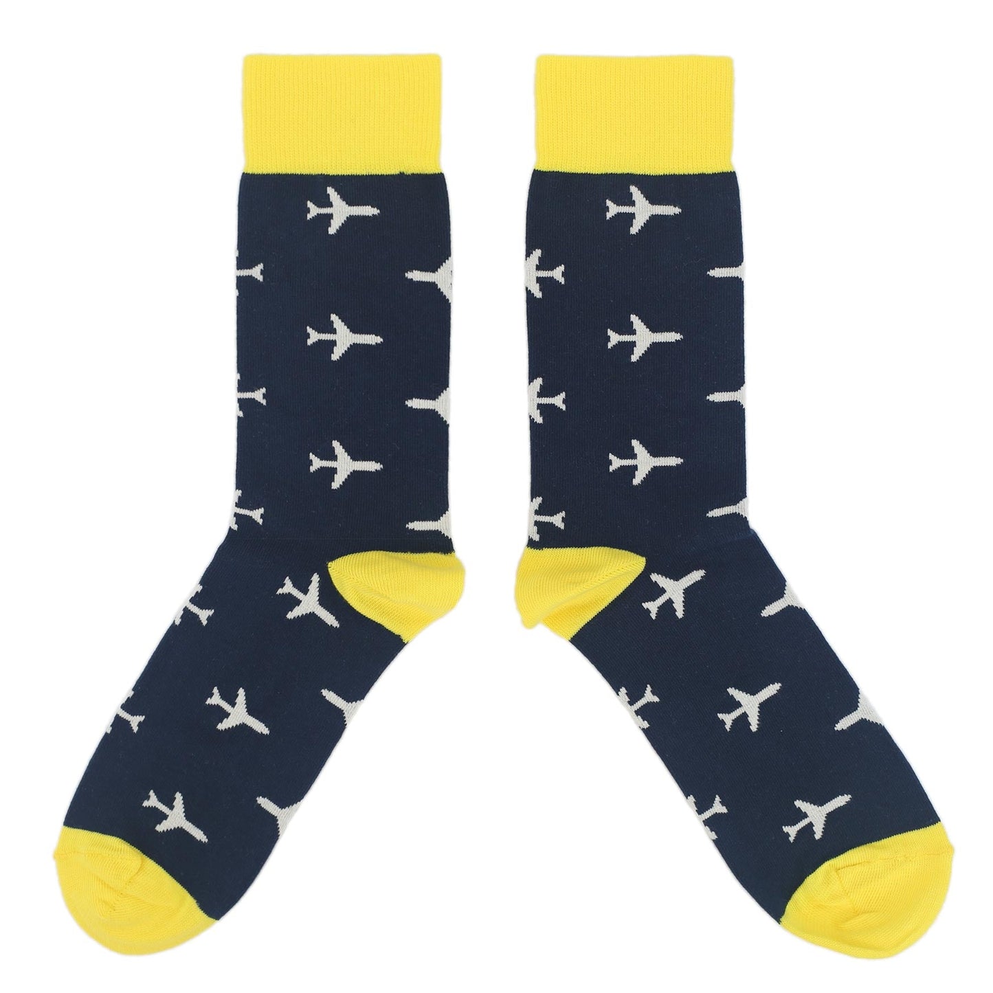 Navy Yellow Airplane Pattern Men's Over-the-Calf Dress Socks