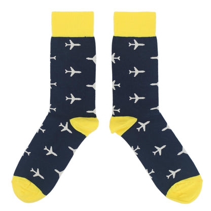 Navy Yellow Airplane Pattern Men's Over-the-Calf Dress Socks