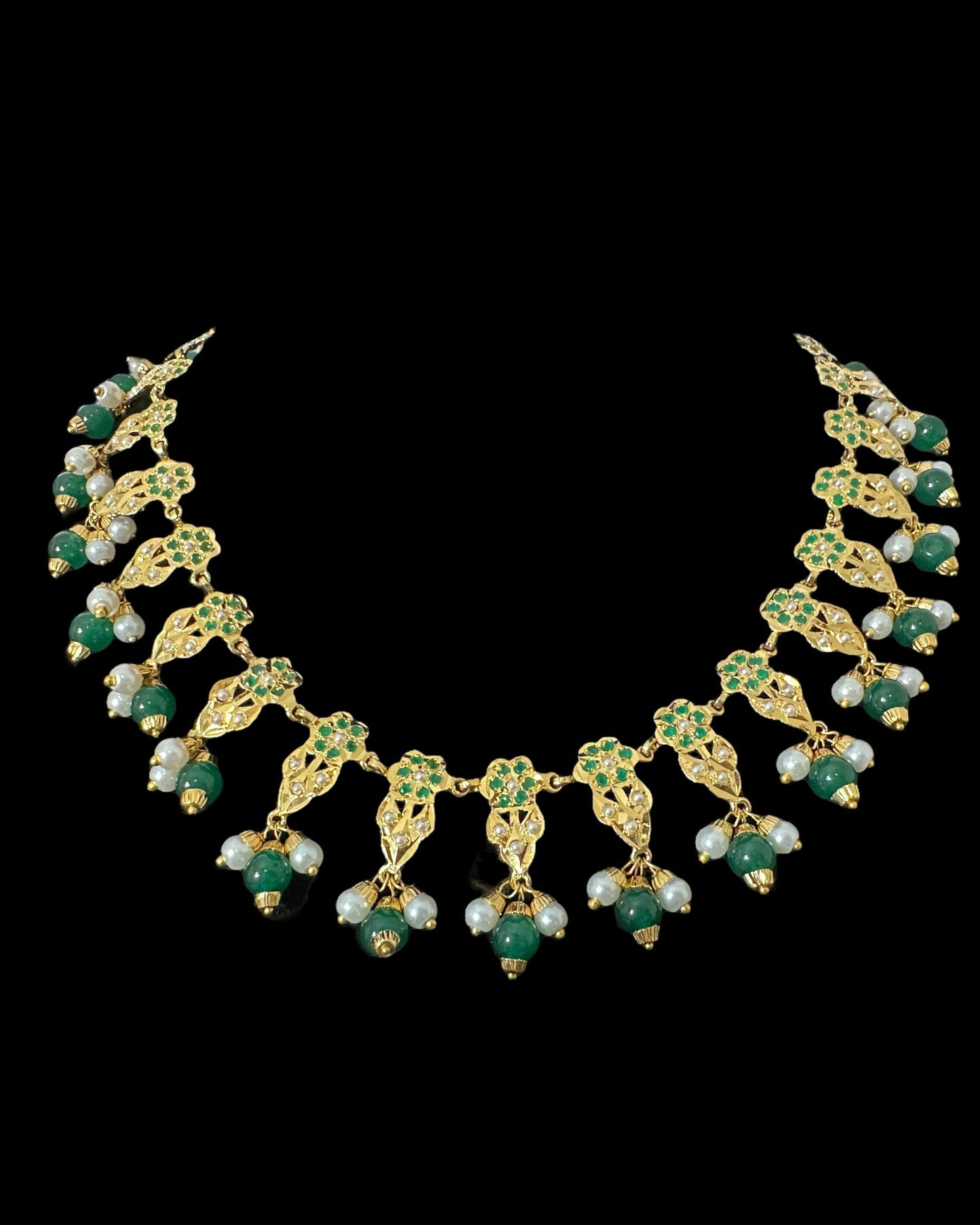 DNS194  Alea punjabi Jadau necklace  set - Emerald / Green   (READY TO SHIP)