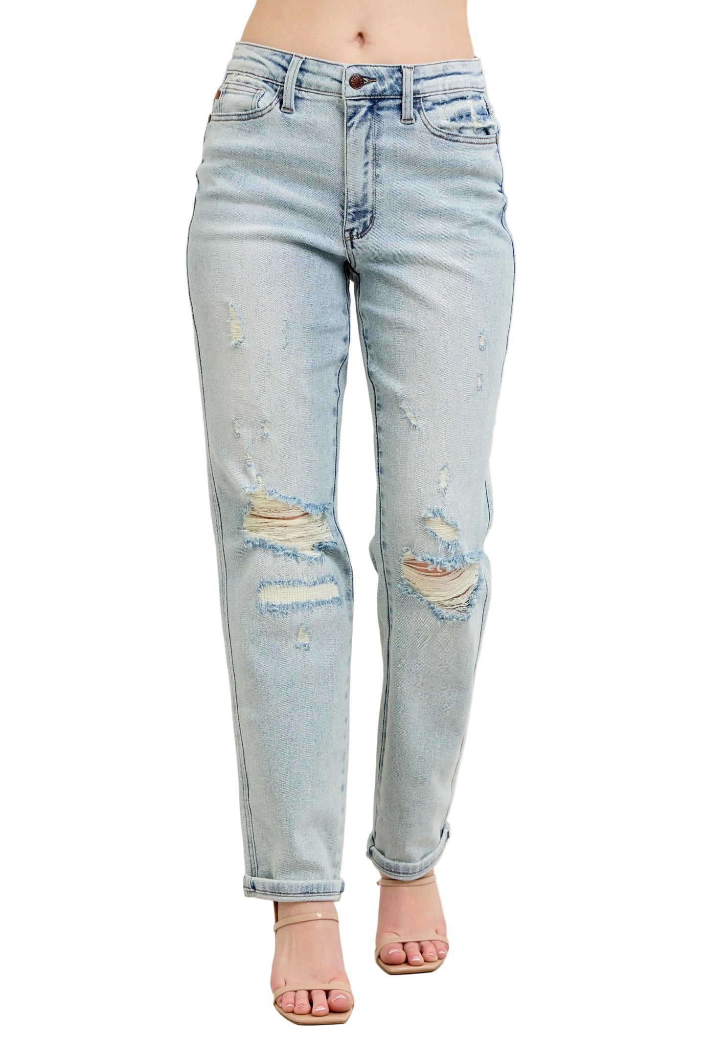 Full Size Mr. Repair Stitch Detail Destroy Single Cuff Bf Jeans Plus Size