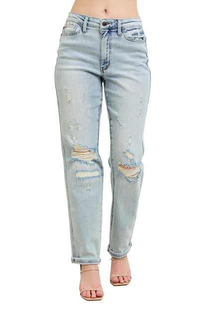 Full Size Mr. Repair Stitch Detail Destroy Single Cuff Bf Jeans Plus Size