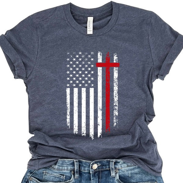 American Flag Red Stripe Cross Distressed T-shirt