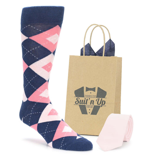Flamingo Petal Pink Navy Argyle Wedding Groomsmen Men's Dress Socks with Matching Necktie