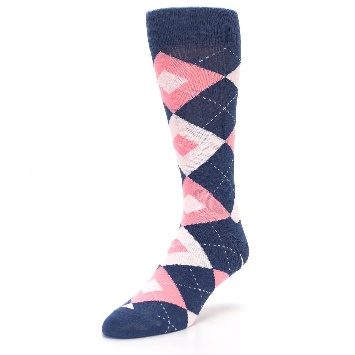 Flamingo Petal Pink Navy Argyle Wedding Groomsmen Men’s Dress Socks