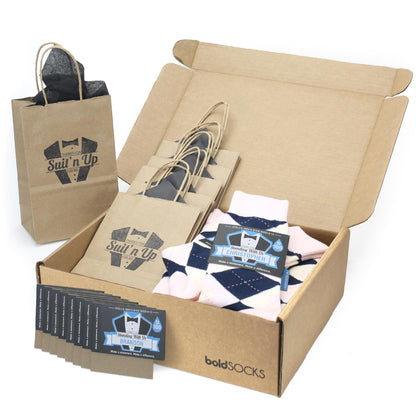 Customizable Groomsmen Gift Set Petal Pink Blush Navy Argyle Men’s Dress Socks