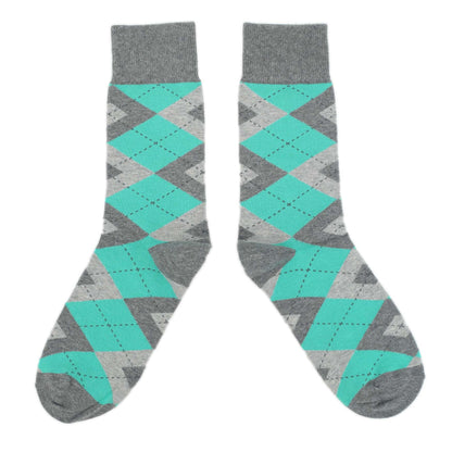 Turquoise Gray Argyle Wedding Groomsmen Men’s Dress Socks