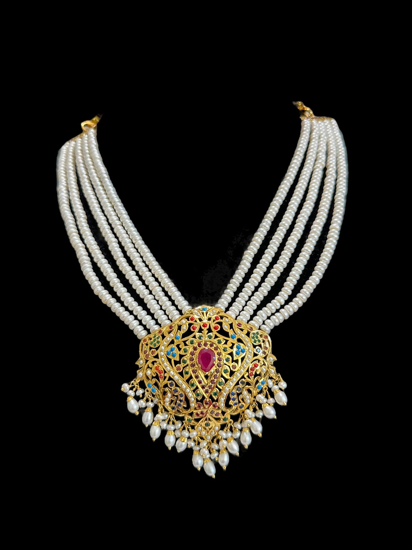 Navratan necklace with earrings in gold plated silver ( READY TO SHIP )