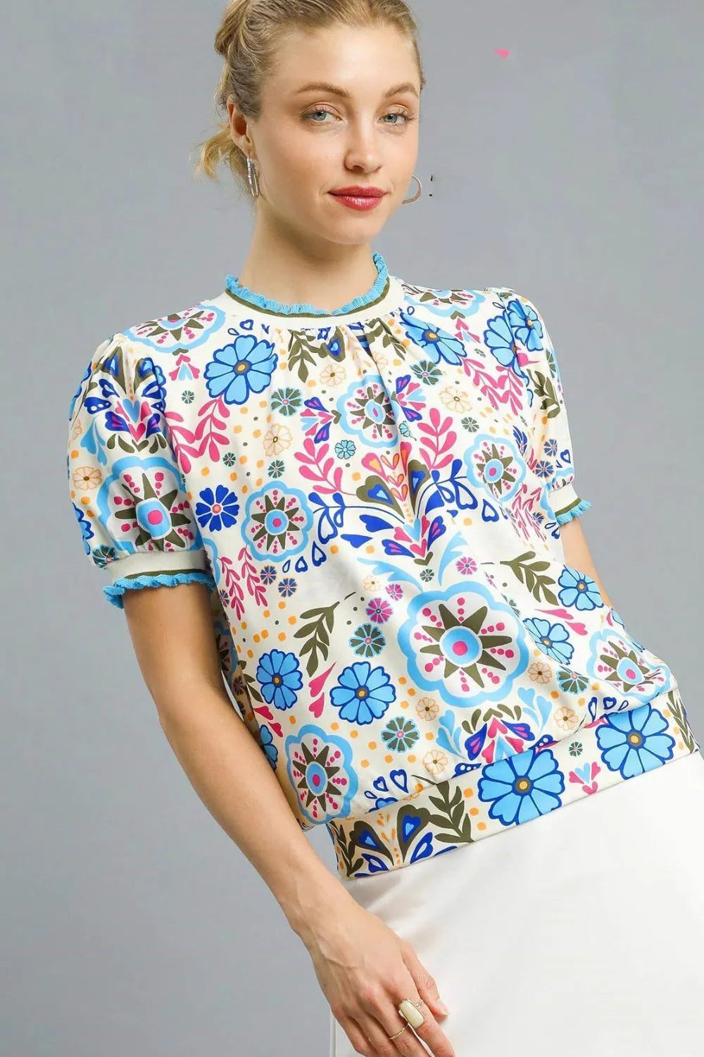 Umgee Retro Floral Puff Sleeve Top