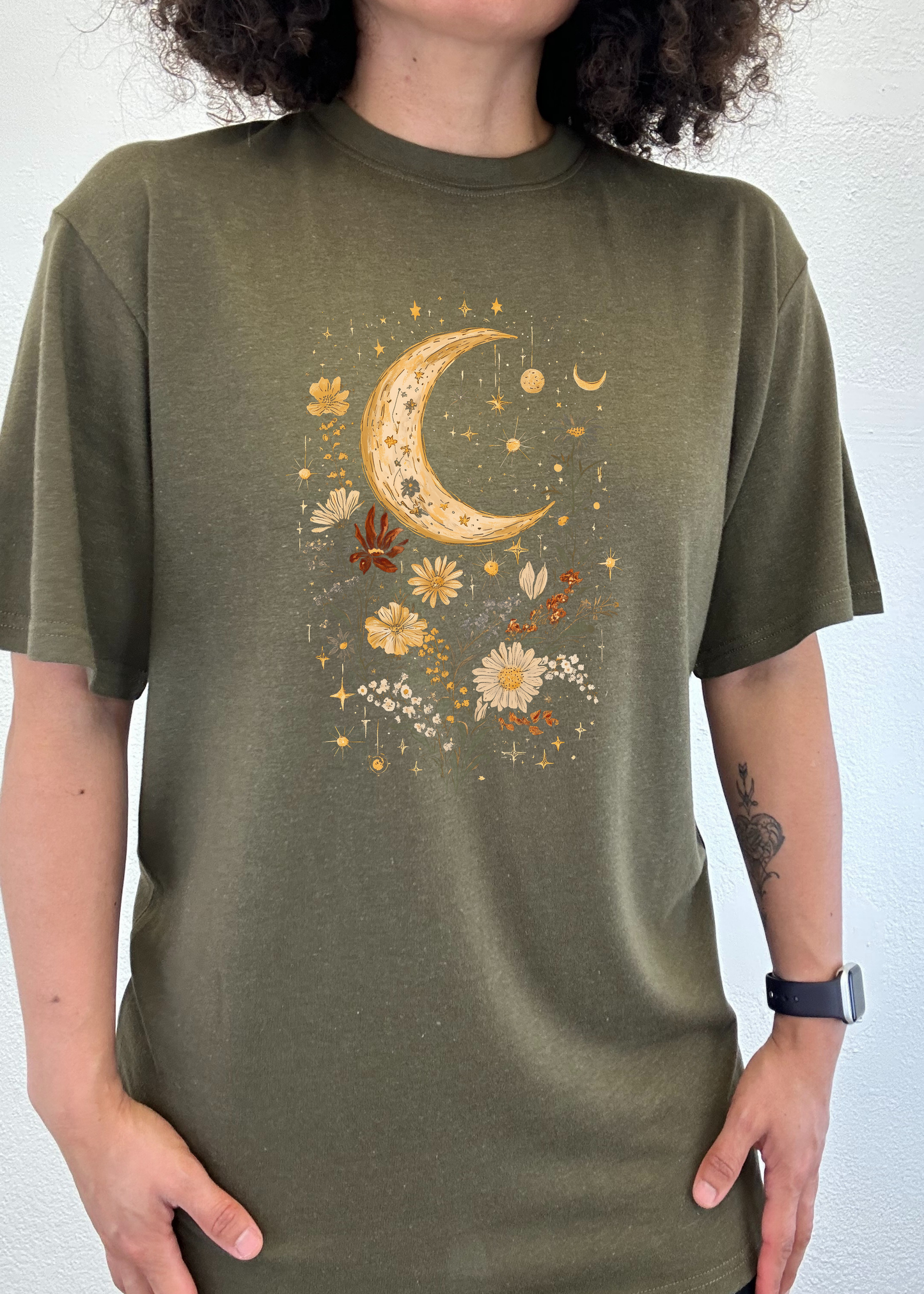 Celestial Moon Boho Flowers Vintage Unisex Bamboo/Cotton Graphic T-Shirt