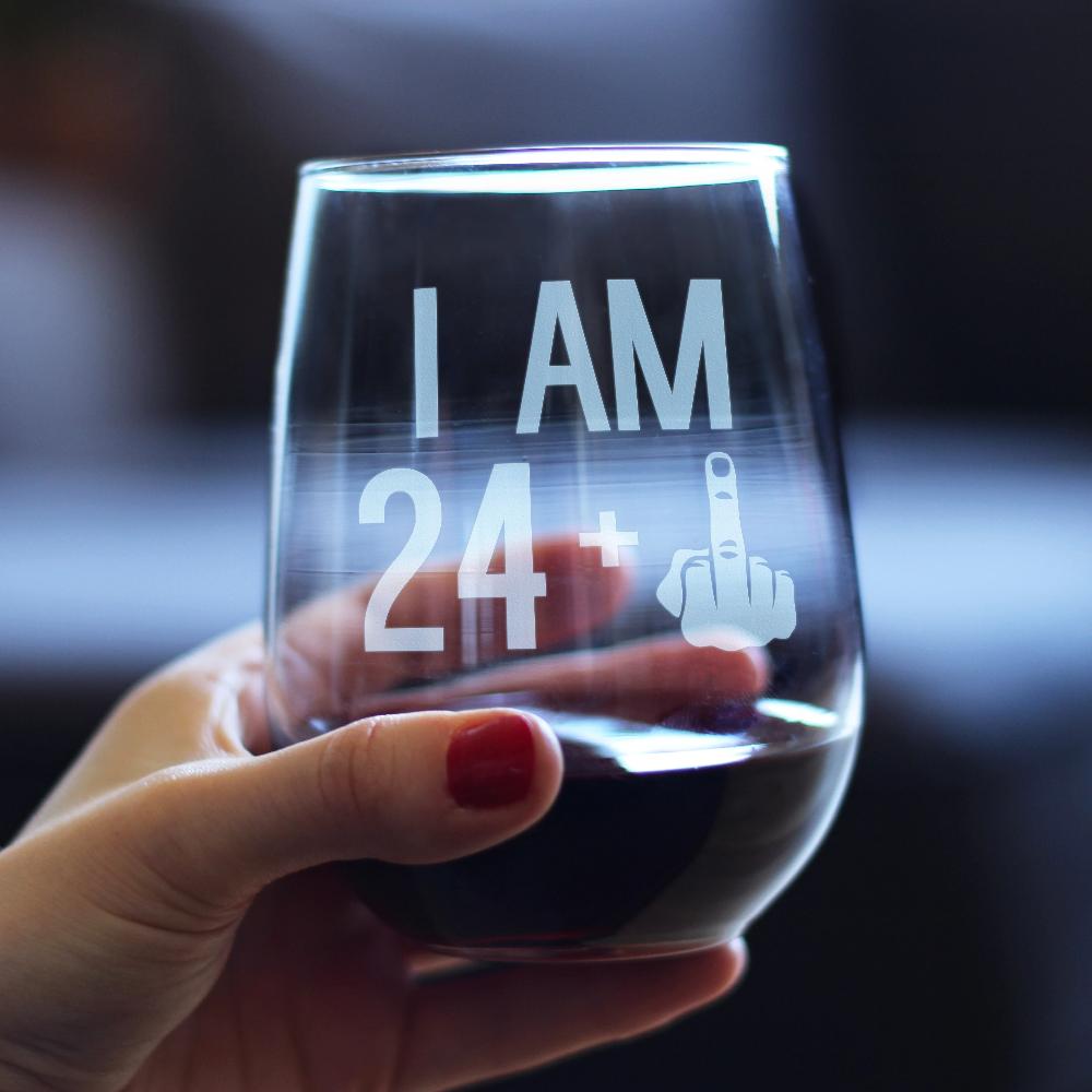 24 + 1 Middle Finger - 25th Birthday Stemless Wine Glass for Women & Men - Cute Funny Wine Gift Idea - Unique Personalized Bday Glasses for Best Friends Turning 25 - Drinking Party Decoration