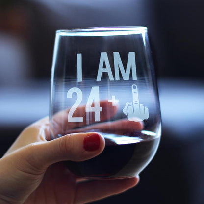 24 + 1 Middle Finger - 25th Birthday Stemless Wine Glass for Women & Men - Cute Funny Wine Gift Idea - Unique Personalized Bday Glasses for Best Friends Turning 25 - Drinking Party Decoration