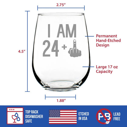 24 + 1 Middle Finger - 25th Birthday Stemless Wine Glass for Women & Men - Cute Funny Wine Gift Idea - Unique Personalized Bday Glasses for Best Friends Turning 25 - Drinking Party Decoration