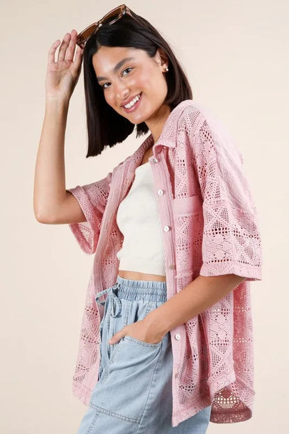 VERY J Plus Size Oversized Crochet Button Down Shirt Top